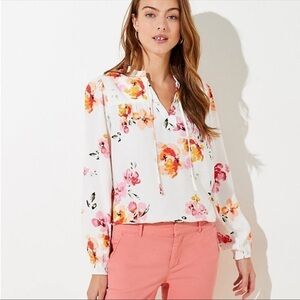 LOFT Floral Blossom Shirred Split Neck Blouse Top Size S